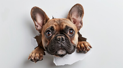 Adorable French Bulldog dog sticking his head out of hole in white paper isolated on plain white background created with Generative AI Technology