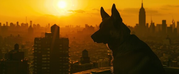 Against The Backdrop Of A Setting Sun And Urban Skyline, The Silhouette Of A Belgian Shepherd...