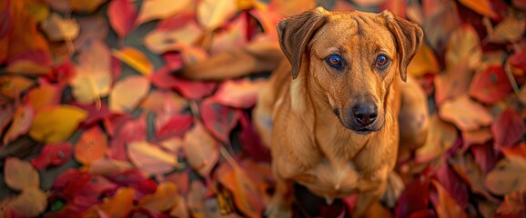 Amidst A Sea Of Colorful Autumn Leaves, A Dog Stands As A Vibrant Testament To The Beauty Of...