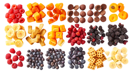 Different snack and fruit placed in a flat layout isolated on a transparent background, PNG, Ai