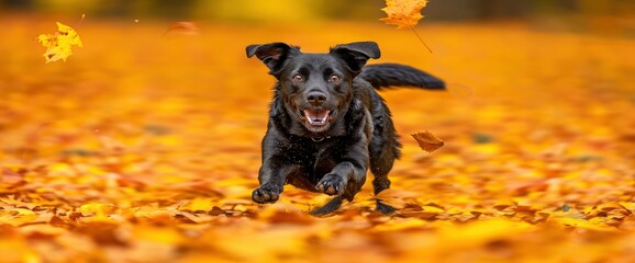 Amidst The Rustling Symphony Of Autumn'S Fall Leaves, A Dog Frolics With Unrestrained Joy, Its...