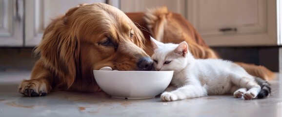 Amidst The Shared Ritual Of Mealtime, A Dog And Cat Dine Together, Their Appetite Sated Amidst The...