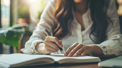 Planner plan schedule calendar and reminder agenda, online work at home. Woman planning daily appointment and write business trip in diary at office desk. Calendar reminder event planning concept