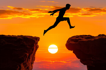 A dynamic silhouette of a man jumping across a gap against a fiery sunset background