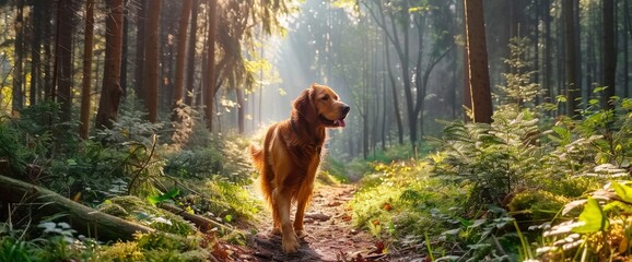 Amidst The Tranquil Beauty Of The Forest Bathed In Sunlight, A Dog Walks Alongside Its Beloved Pet...