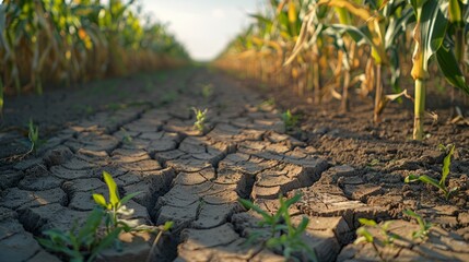 Naklejka premium Dry and Cracked Soil in Cornfield