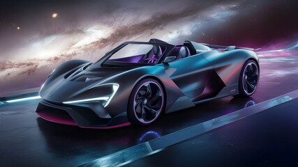 Obraz premium A futuristic electric car in space with neon lights, stylish design and vibrant colors, surrounded by stars and galaxies.