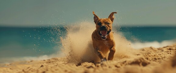 An Active Pit Bull Terrier Races Across The Beach, The Expansive Sea Providing A Stunning Backdrop...