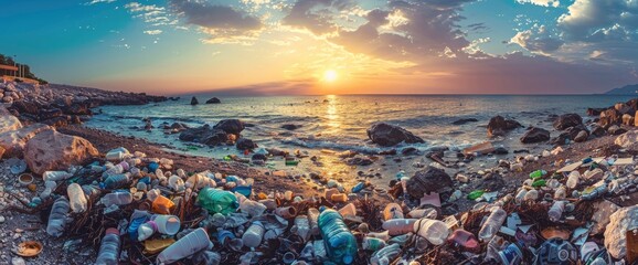 As The Sun Sets, The Beach Is Marred By Discarded Plastic Waste, A Poignant Reminder Of The Persistent Issue Of Environmental Pollution And Its Far-Reaching Impacts