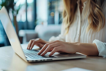 Businesswoman typing on laptop on desk in office. Realistic close-up photo for your design