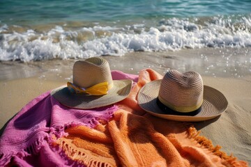 Set of summer travel flyers with beach items and wave. Top view. Vector illustration - Vector - Vector. Beautiful simple AI generated image in 4K, unique.