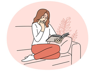 Woman sit on couch rad book crying. Unhappy girl feel emotion reading literature at home. Hobby and emotions. Vector illustration.