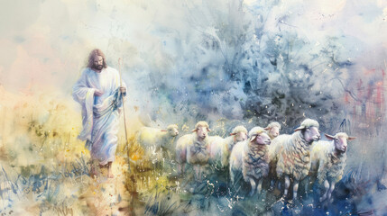 A gentle portrayal of Jesus as the Good Shepherd, with soft pastel watercolors in a peaceful pastoral setting.