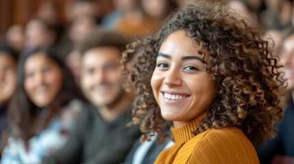 Smiling woman with curly hair in a crowd