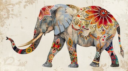 Obraz premium Illustration of a vibrant, patterned elephant, great for cultural festivals and creative projects.