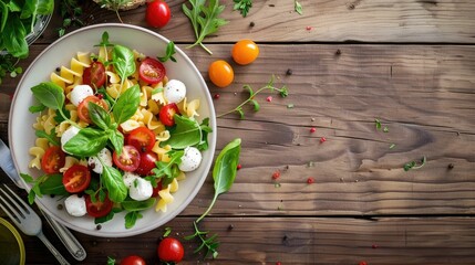 A dish of pasta salad featuring tomatoes, spinach, and mozzarella served on a rustic wooden table....