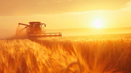 Fototapeta premium A harvester moving through a field of wheat at dusk, its silhouette casting long shadows, accompanied by a banner of infographics detailing the annual grain production and consumption rates.