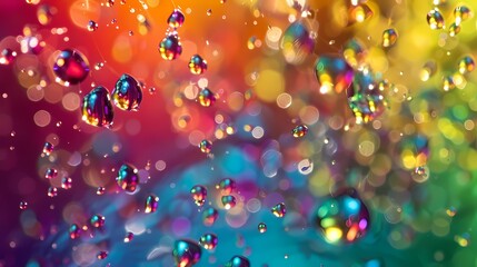A cascade of multicolor droplets splashing against a solid background, creating a captiating display of color and moement.
