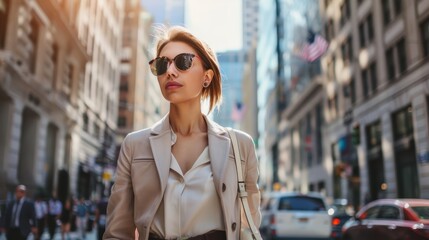 Obraz premium Fashionable businesswoman in sunglasses walking in a bustling city, perfect for urban lifestyle, business, and fashion content.