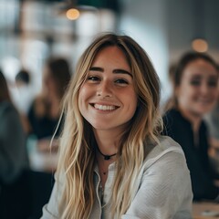 Obraz premium Cheerful young woman smiling in a cafe setting with friends blurred in background