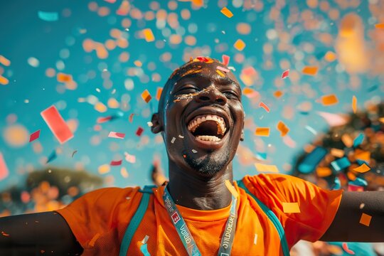 Ecstatic man celebrates amid a shower of confetti