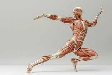 Naklejka premium Detailed model of a man in motion, showcasing clearly defined muscles in action.