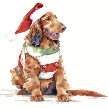 Beautiful Watercolor Illustration of Gordon Setter Santa Pup