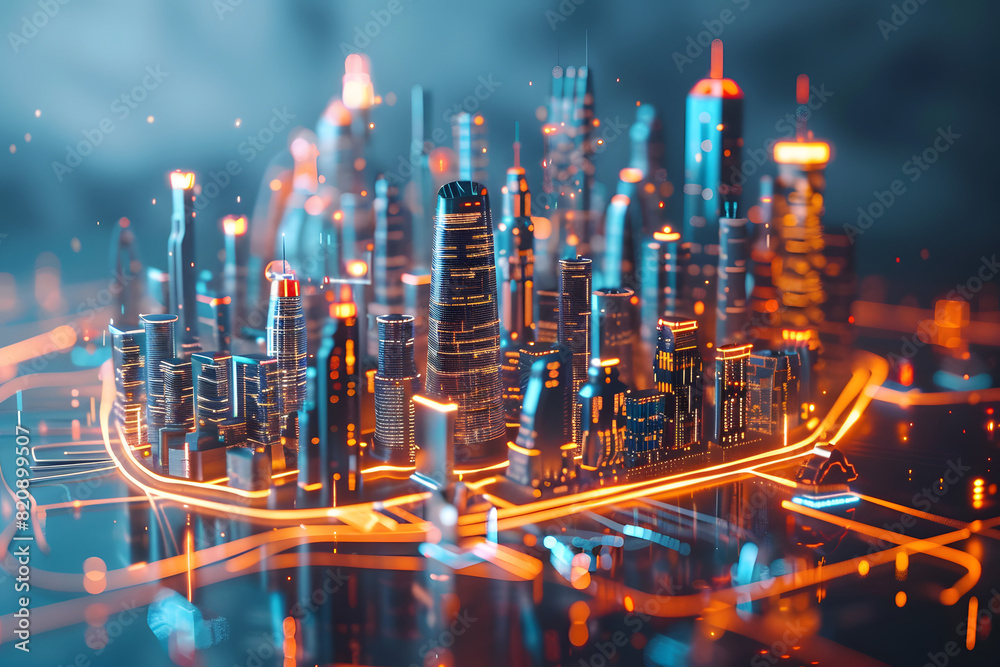 Poster cyber city digital technology and information security big data concept in 3d illustration neural ne