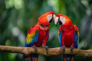 Fototapeta premium Scarlet macaws, vibrant plumage, perched on branch, facing each other.