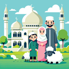 Cartoon of Muslim people with a sacrificial lamb in a mosque