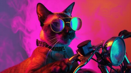 Abyssinian cat in neon pop art colors riding during Ride Month