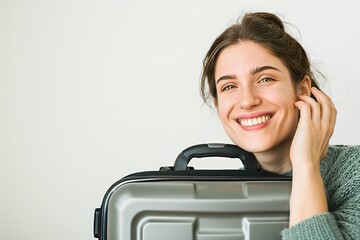A caucasian woman smiles while holding a suitcase.