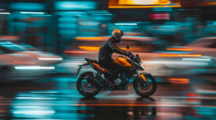 Motorcycle rider in helmet and gear racing at high speed on the nighttime background with motion...