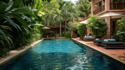 Beautiful Luxury Home with Swimming Pool at Sunset.