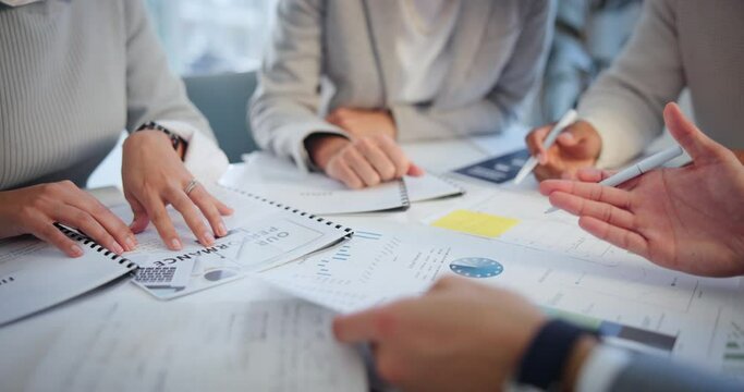 Meeting, paperwork and hands of business people in office for planning, strategy or brainstorming workshop. Budget, tax data and teamwork at table for growth, development or risk management research.