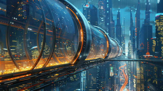 A network of elevated hyperloop tubes crisscrossing above a metropolitan skyline, with capsules whizzing by at breathtaking speeds, connecting distant parts of the city in minutes.