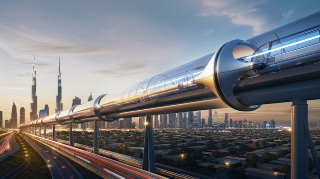 A network of elevated hyperloop tubes crisscrossing above a metropolitan skyline, with capsules whizzing by at breathtaking speeds, connecting distant parts of the city in minutes.