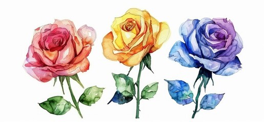 Fototapeta premium Rainbow colored roses watercolor isolated on a white background