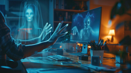 A pair of ghostly hands appearing over the shoulder of a person working late at night in an office. --ar 16:9 Job ID: 09fedc78-d26c-45c2-bf7a-0755f163c1d9