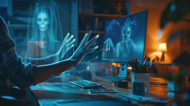 A pair of ghostly hands appearing over the shoulder of a person working late at night in an office. --ar 16:9 Job ID: 09fedc78-d26c-45c2-bf7a-0755f163c1d9