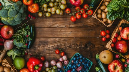 A wooden table adorned with a colorful array of fruits and vegetables, showcasing local food ingredients for wholesome recipes and natural whole foods AIG50