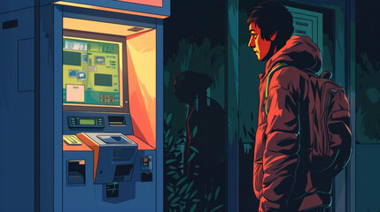 Naklejka premium A person looking anxious as they withdraw money from an ATM with a suspicious figure lurking behind.