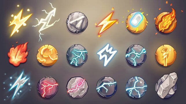Modern cartoon set of energy, power, speed, speed icon with lightning bolt symbol and silver, gold, wooden, and stone textures.