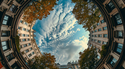 Fisheye background with a distorted, wide-angle view