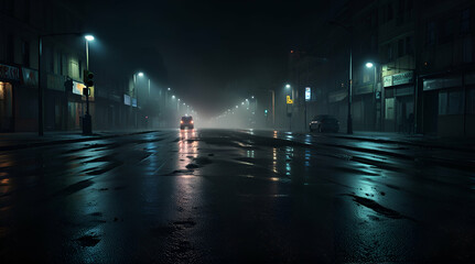Wet asphalt, reflection of neon lights, a searchlight, smoke. Abstract light in a dark empty street with smoke, smog, Generative.AI