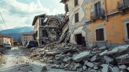 The destroyed city after the earthquake. Rubble, ruins of residential buildings. A natural disaster, a shift of tectonic plates.