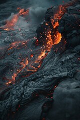 A landscape with a view of a volcanic eruption. A natural disaster. Fire in the mountains, explosion. The release of lava and smoke from a dormant volcano