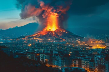 Obraz premium Volcanic eruption, view from the city. A natural disaster. Fire in the mountains, explosion. The release of lava and smoke from a dormant volcano