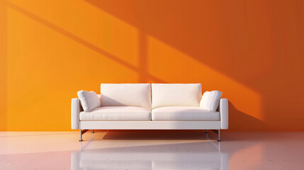 Cozy white sofa near orange wall