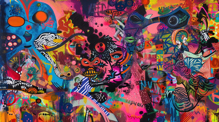 A vibrant urban graffiti wall, bursting with colors and expressive designs, capturing the raw energy and creativity of street art.